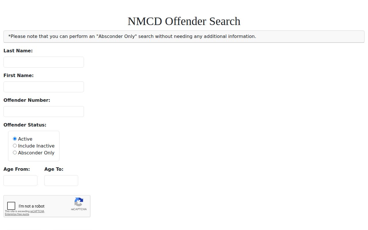 NMCD offender search fields for Chaves County released inmates
